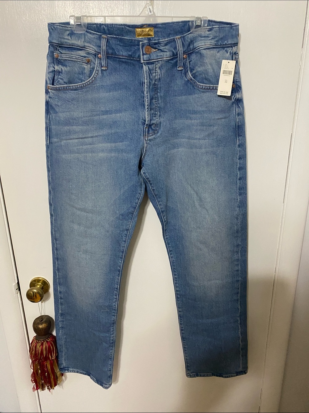 MOTHER Mid Rise Hiker Hover Straight Jeans in Light Blue Wash